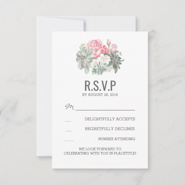 Cartões de RSVP de casamento de suculentas e flore (Frente)