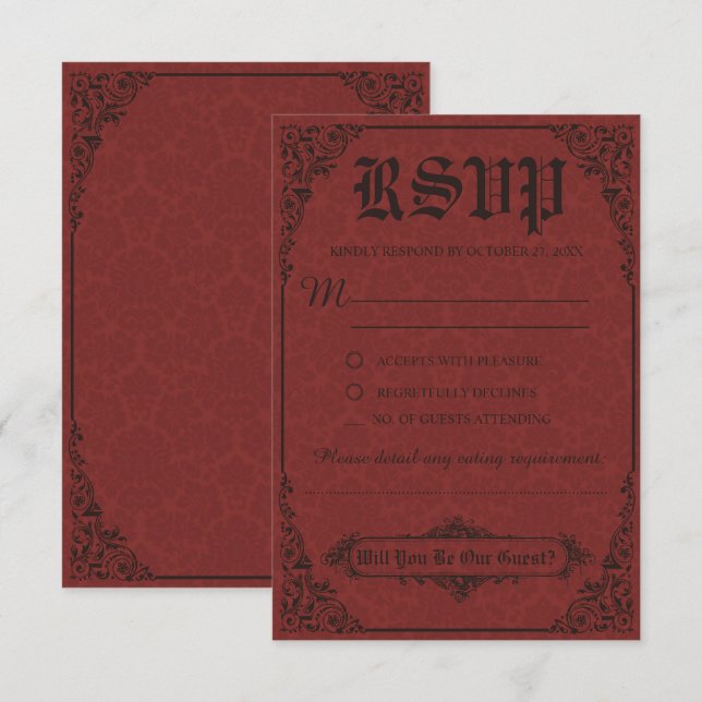 Cartões de RSVP de Casamento em Damask Vermelho Gó (Frente/Verso)