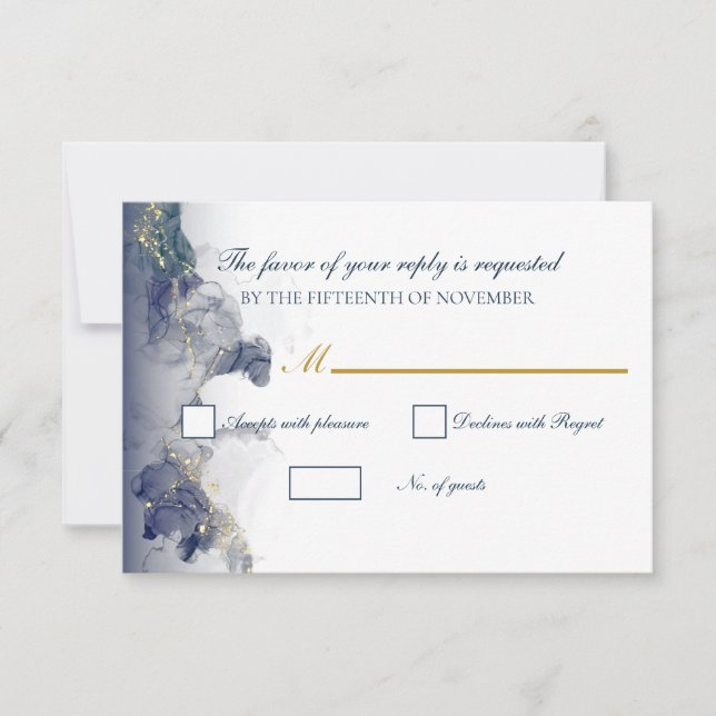 Cartões de RSVP de Casamento Midnight Ink & Gold (Frente)