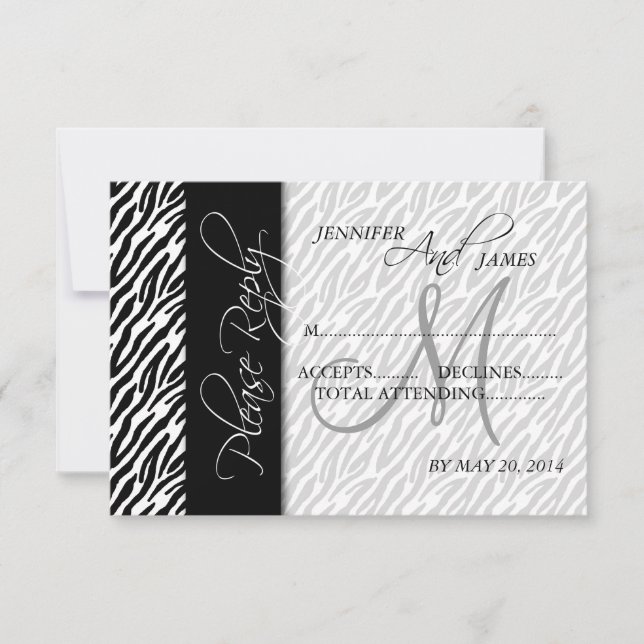 Cartões de RSVP de Casamento Preto Padrão Zebra Mo (Frente)