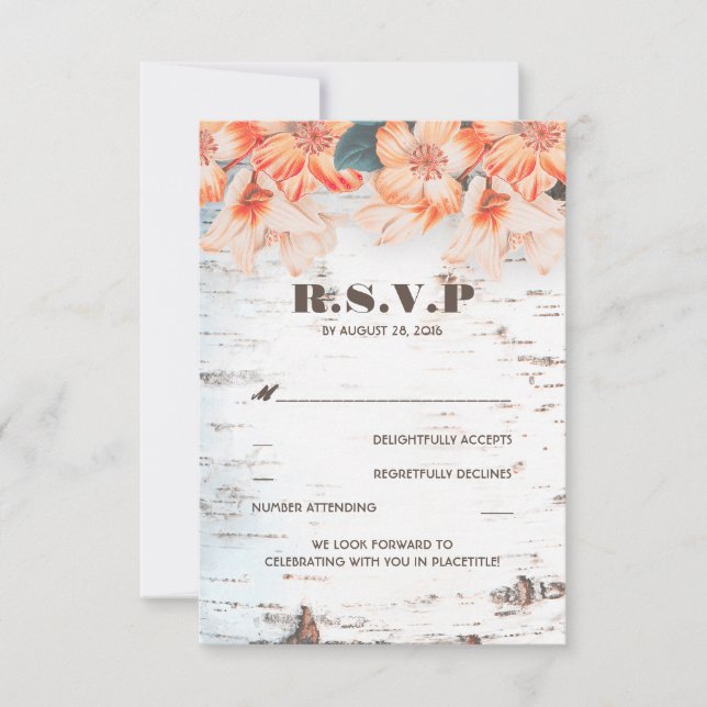 Cartões de RSVP de Casamento Rústico de Casca de B (Frente)