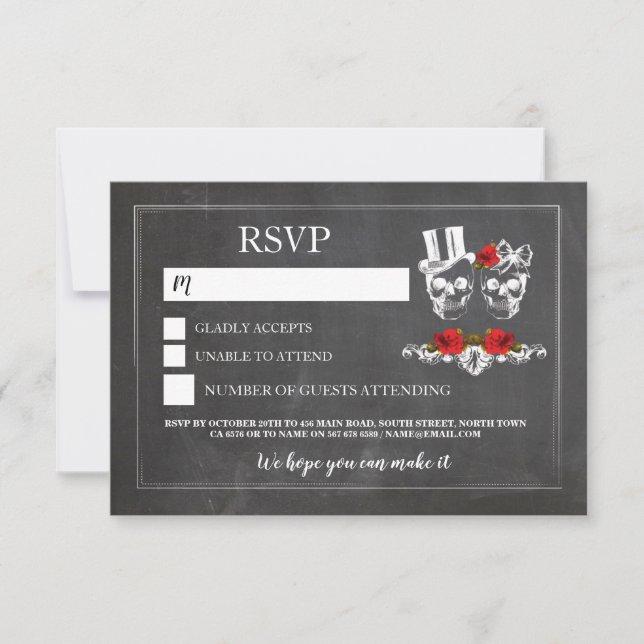 Cartões de RSVP de Caveiras de Casamento com Rosas (Frente)
