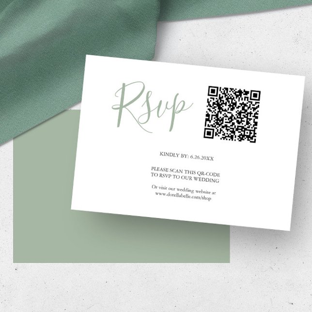 Cartões de RSVP de código QR Verde Sage (Wedding rsvp cards with qr-code sage green by Victoria Grigaliunas of Do Tell A Belle)
