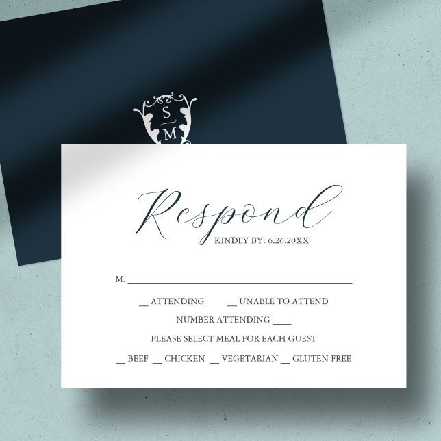 Cartões de RSVP de Escolha de Refeição com Monogra (custom monogram wedding rsvp card navy blue)