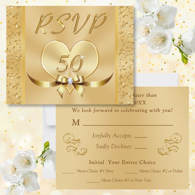 Cartões de RSVP dourados para Bodas de Ouro de Ani (RSVP Menu Cards. Response Cards for 50th wedding anniversary. 50th anniversary RSVP Cards. Menu RSVP)