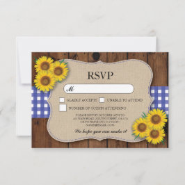 Cartões de RSVP em madeira burlap com xadrez azul 