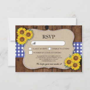 Cartões de RSVP em madeira burlap com xadrez azul 