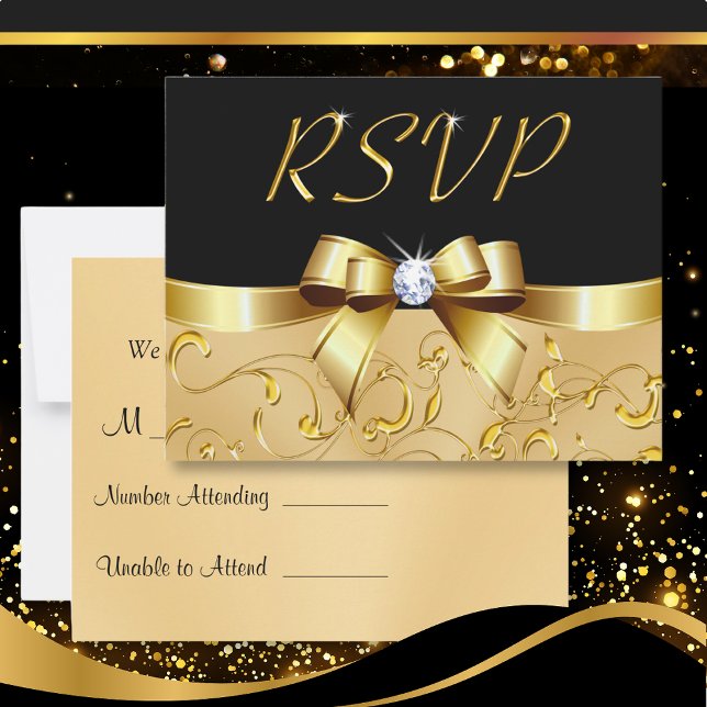 Cartões de RSVP Pretos e Dourados Personalizáveis  (Anniversary RSVP Cards. RSVP cards for Wedding. Black and Gold RSVP Cards. Anniversary RSVP Cards.)