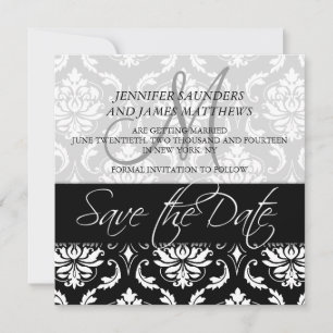 Cartões de Salve a Data Preto Damask Monograma Nom