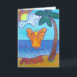 Cartões de saudação de anjo da Joy and Peace Beach<br><div class="desc">A Pintura do Anjo da Praia do Ouro mostra um anjo amarelo-alaranjado pairando sobre o oceano. A palavra "alegria" está numa nuvem que tem o sol a espreitar. A palavra "paz" aparece abaixo na areia. Uma palmeira alegre cresce na praia inclina-se para a fotografia. Faça cartões de saudação personalizados de...</div>
