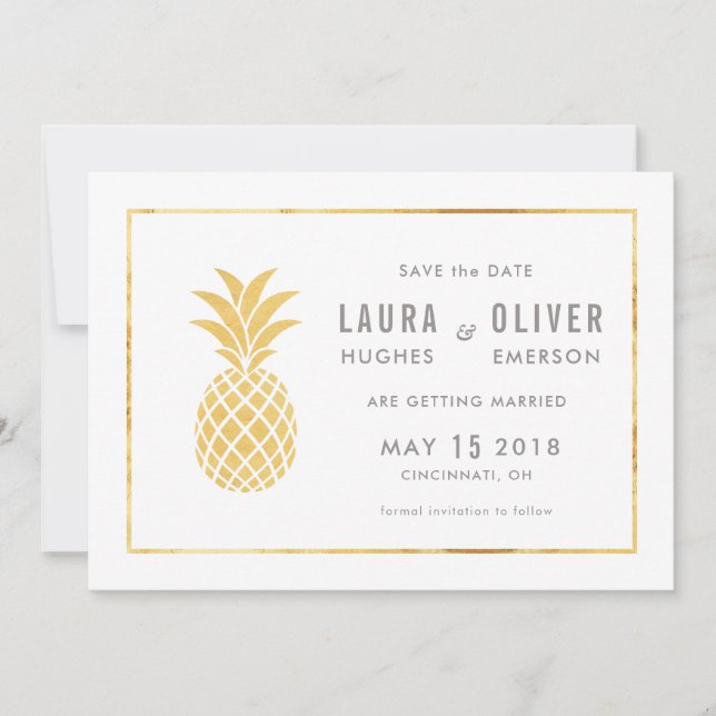 Cartões de Save the Date de Abacaxi em Ouro Simple (Frente)