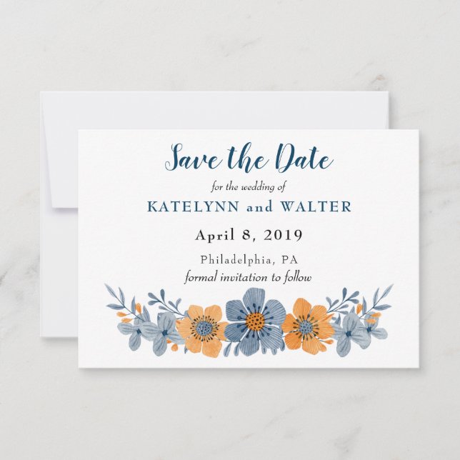 Cartões de Save the Date de Flores Azuis e Laranja (Frente)