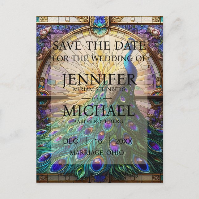 Cartões de Save the Date de Vidro Pintado com Pavã (Frente)