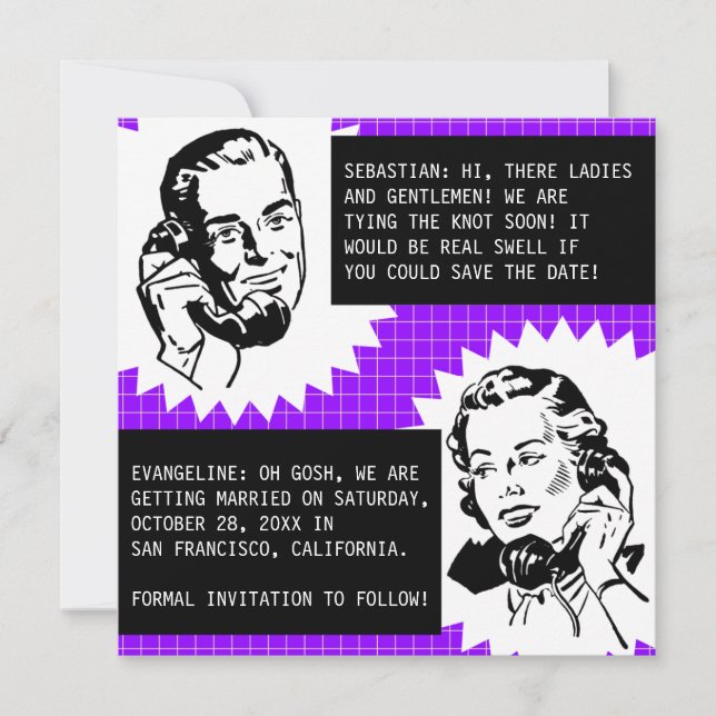 Cartões de Save the Date do Casal Fofoca Retro (Frente)