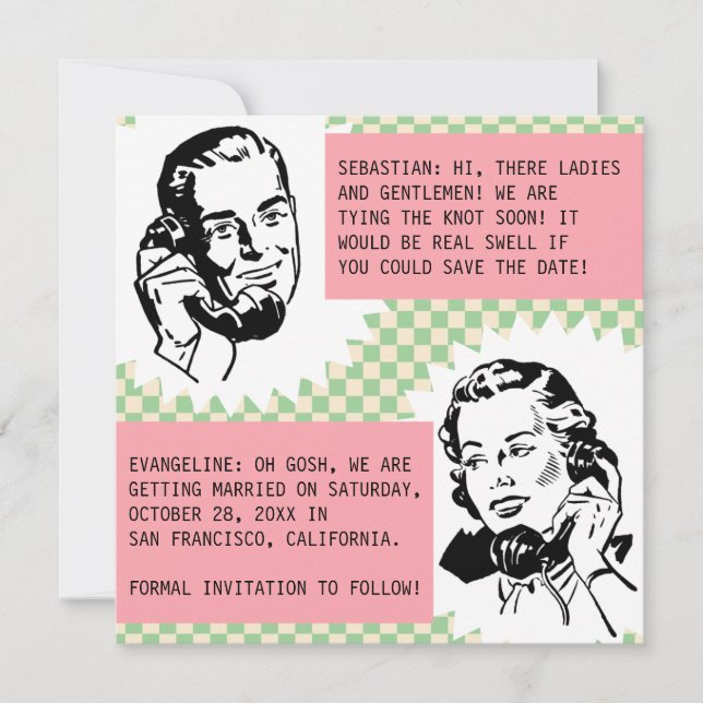 Cartões de Save the Date do Casal Fofoca Retro (Frente)