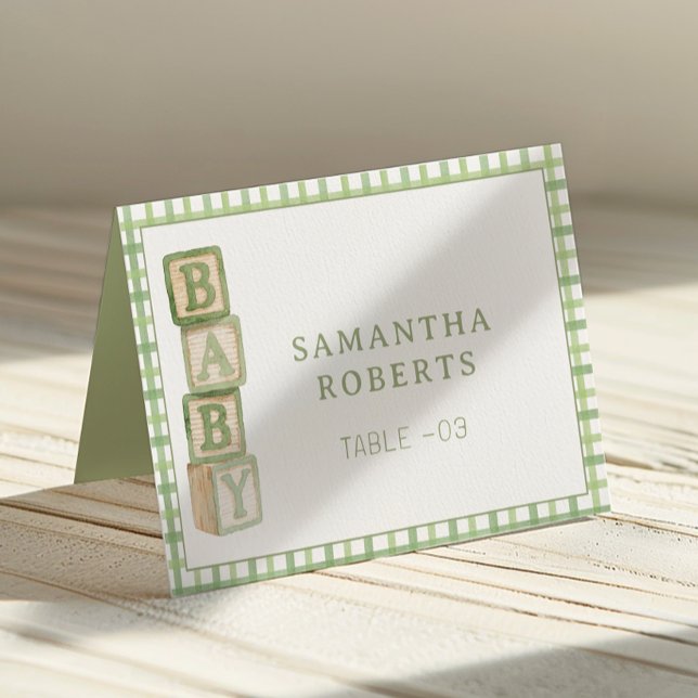 Cartões de Tenda Editáveis de Blocos de Bebê Verde (Baby Shower Table Number)