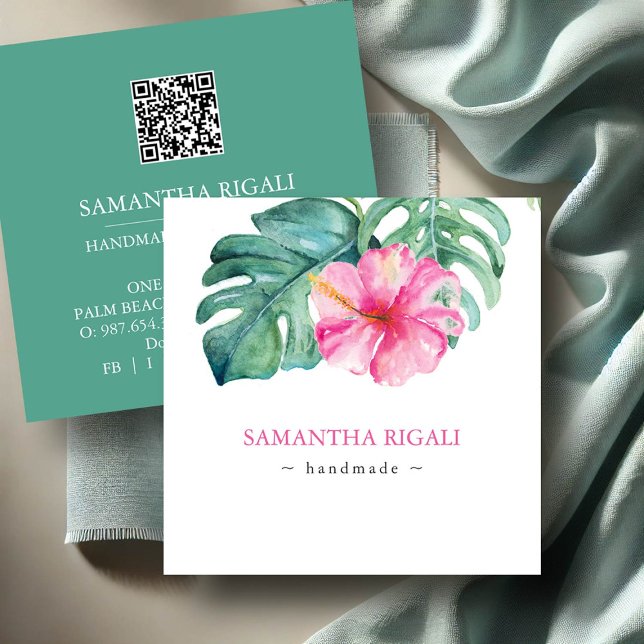 Cartões de Visita com Código QR de Flores Artesana (Business cards with qr-code tropical pink hibiscus flower and monstera watercolor DoTellABelle)
