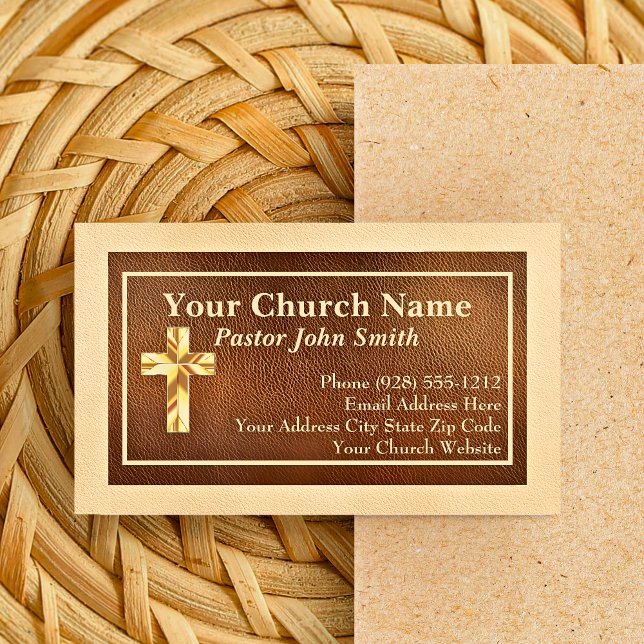 Cartões de Visita de Couro Dourado para Pastor da  (Church Pastor Gold Faux Leather Business Cards)