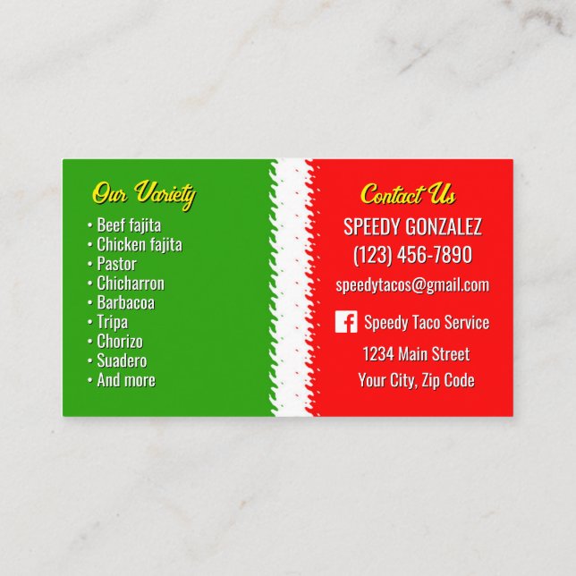Cartões de Visita de Serviço de Catering de Taco (Verso)