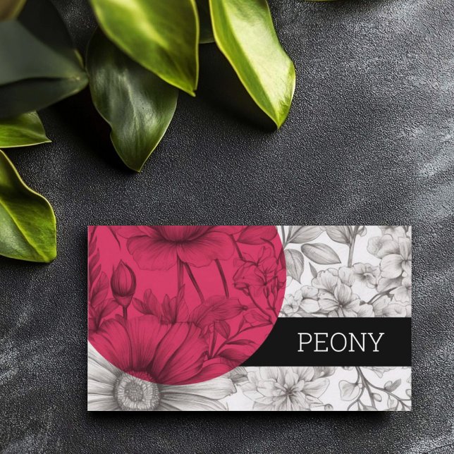 Cartões de Visita Florais Modernos Flores Profissi (Bold and modern business card for florist, black and white sketched flowers and magenta pink circle.)