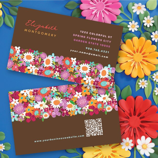 Cartões de Visita Jardim de Flores Caprichosas da  (Bright & Colorful Chic Fun Whimsical Spring Flowers Garden Business / Profile Card @ fat_fa_tin)