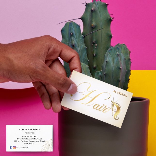 Cartões de Visita para Cabelereiros - Script Doura (Hair Stylist Business Cards - Rose Gold Script")