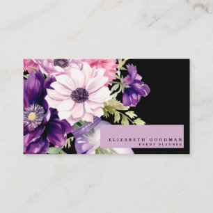 Cartões de Visita Pretos com Floral Rosa Roxo Prem