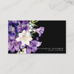 Cartões de Visita Pretos com Floral Roxo Premier