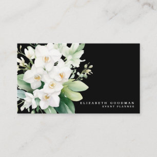 Cartões de Visita Pretos com Orquídeas Brancas Mod
