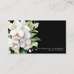 Cartões de Visita Pretos com Orquídeas Brancas Mod