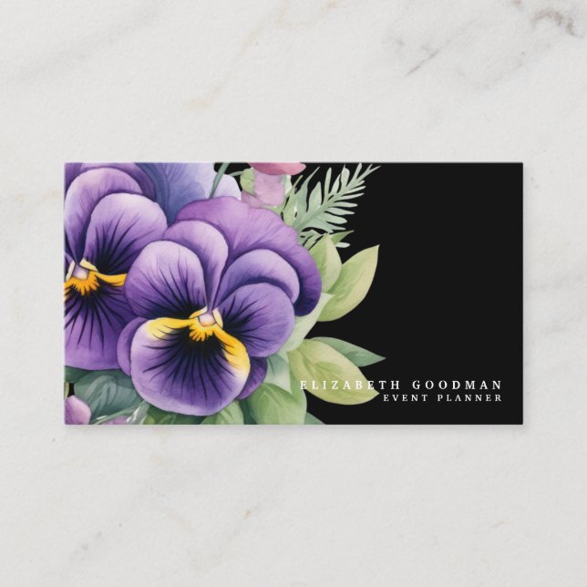 Cartões de Visita Pretos com Pansies Coloridas da  (Frente)