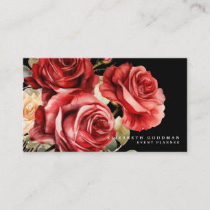 Cartões de Visita Pretos com Rosas Vermelhas Cláss