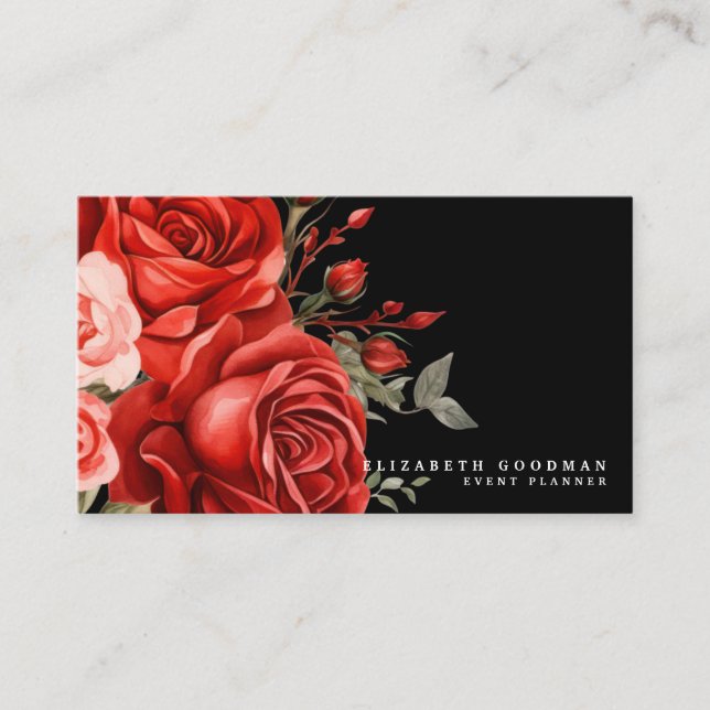 Cartões de Visita Pretos com Rosas Vermelhas Cláss (Frente)