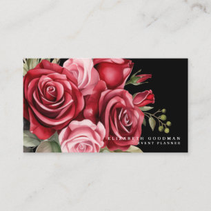 Cartões de Visita Pretos com Rosas Vermelhas Cláss