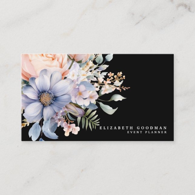 Cartões de Visita Pretos de Flores Doces Elegantes (Frente)
