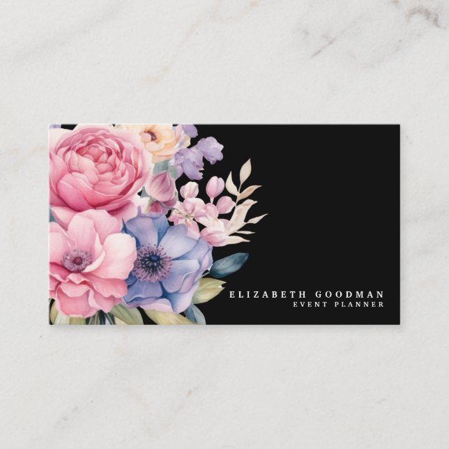 Cartões de Visita Pretos de Flores Doces Elegantes (Frente)