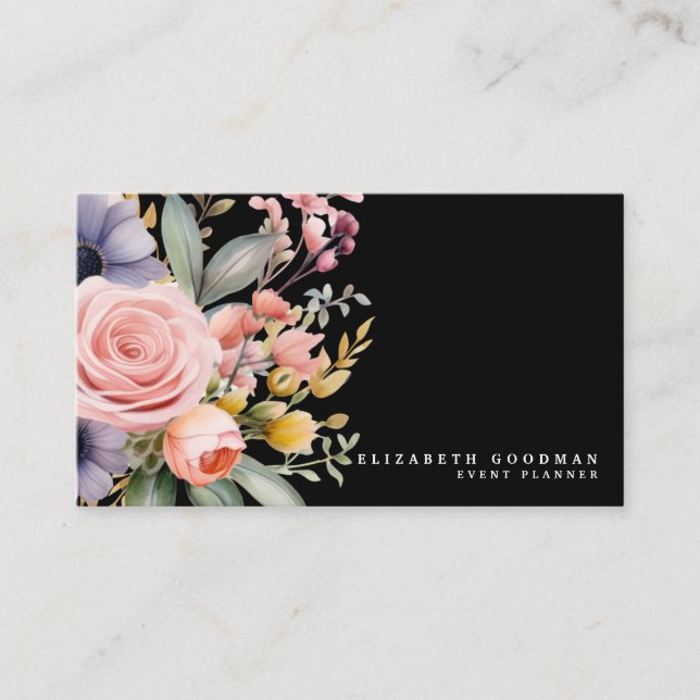 Cartões de Visita Pretos de Flores Doces Elegantes (Frente)