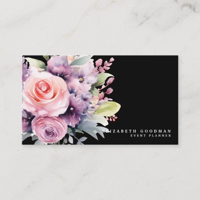 Cartões de Visita Pretos de Flores Doces Elegantes (Frente)