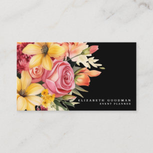 Cartões de Visita Pretos Florais Rosa Elegante Ama