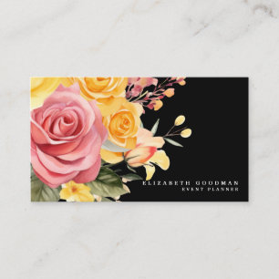 Cartões de Visita Pretos Florais Rosa Elegante Ama