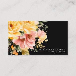 Cartões de Visita Pretos Florais Rosa Elegante Ama