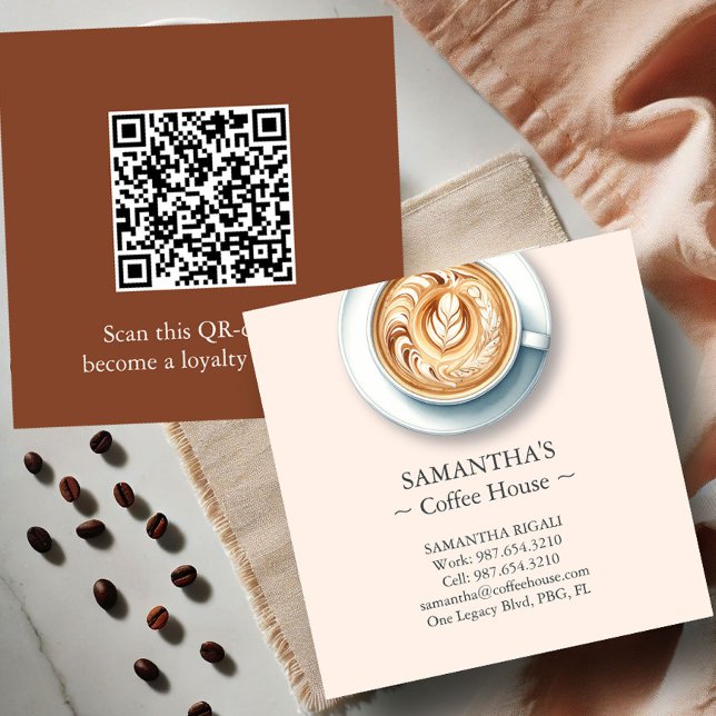 Cartões de Visita Profissionais para Cafeterias Mo (business cards with qr-code for a coffee shop features an illustration of a latte)