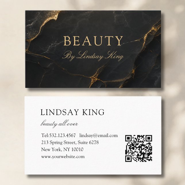 Cartões de Visita QR Code de Mármore Preto Salão E (Elegant Salon Black Marble QR Code Business Cards)