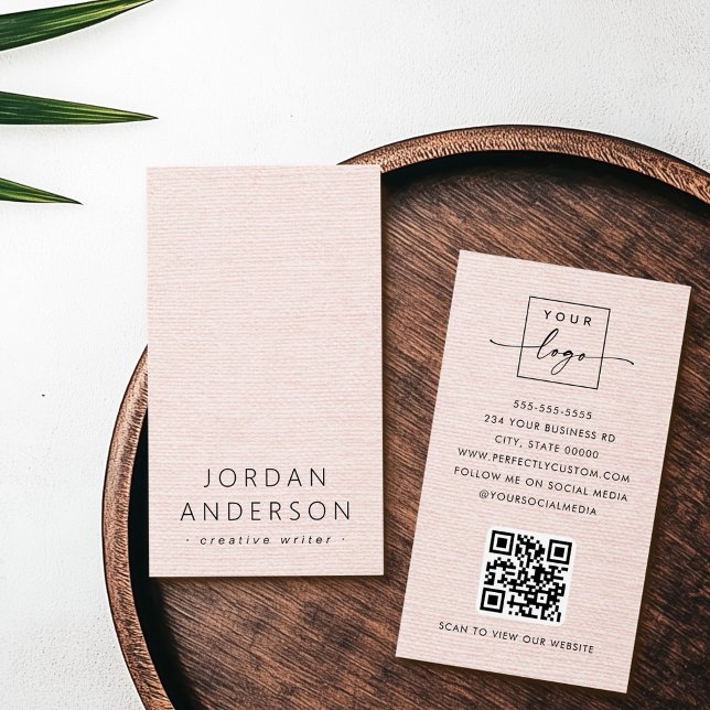 Cartões de visitas de código QR do logotipo de apa (Blush pink linen look logo QR code business cards)