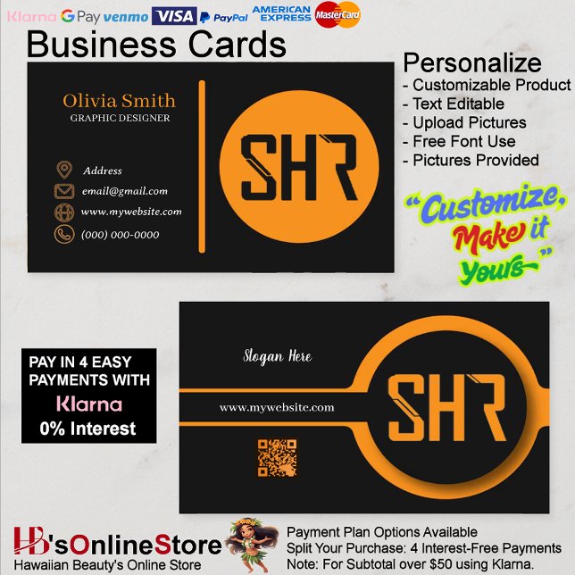 Cartões de visitas de código QR preto e laranja 28 (Black & Orange QR Code Business Cards 28.)