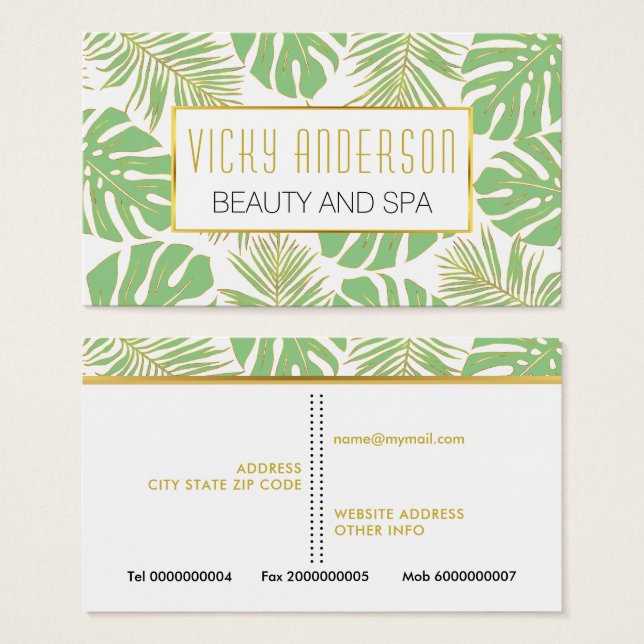 cartões de visitas de folhas tropicais douradas e  (Frente & Verso)