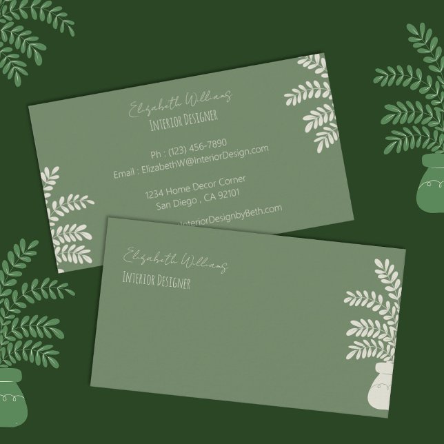 Cartões de visitas do Elegante Green Interior Desi (Elegant green interior designer double-sided business cards . )