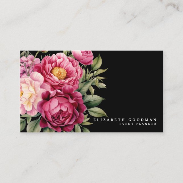 Cartões de visitas Elegantes de Flores Rosa e Pret (Frente)