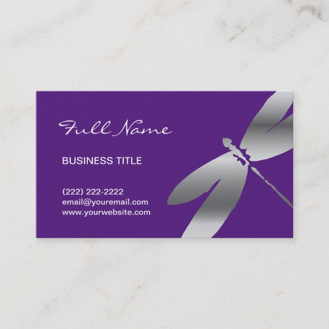 Cartões de visitas roxos & de prata da libélula (Frente)