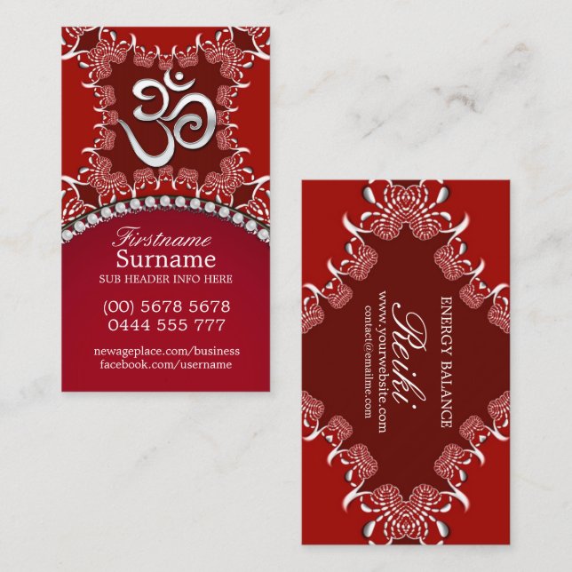 Cartões de visitas Tribal Red Silver Om Reiki Yoga (Frente/Verso)